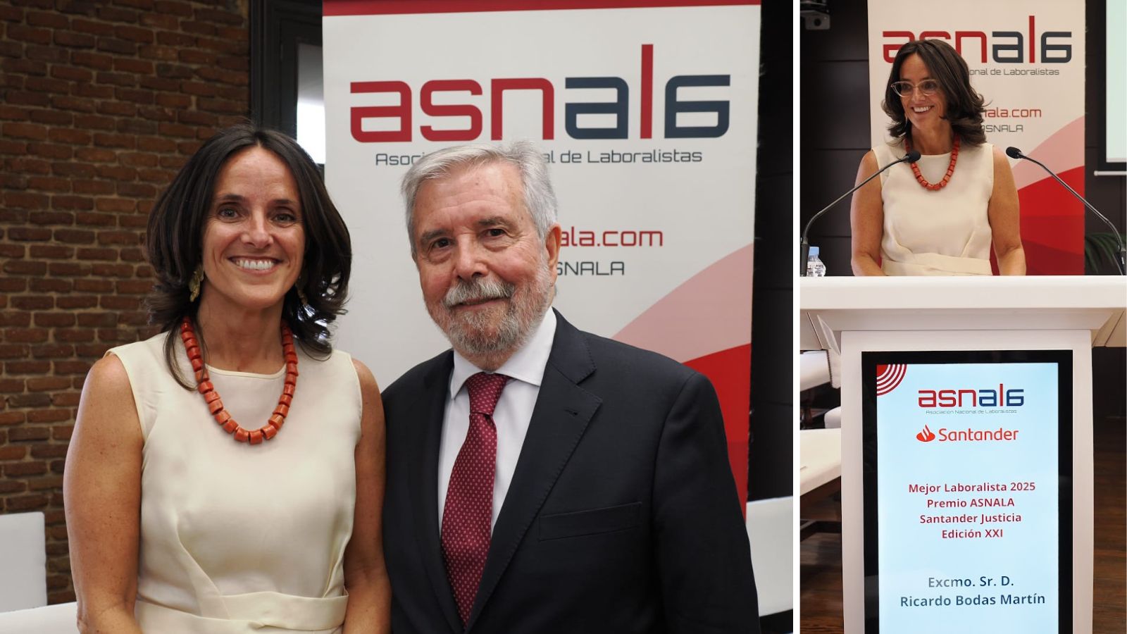 A la izquierda, Ana Gómez Hernández, presidenta de ASNALA, junto a Ricardo Bodas Martín. A la derecha, Ana Gómez Hernández, presidenta de ASNALA, da su discurso en el acto de entrega del premio